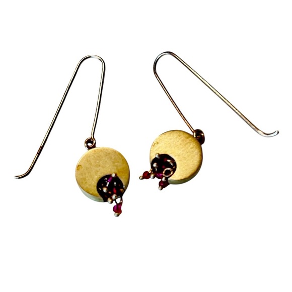 Artisan Bree 925 marked champagne gold & Red tiny stones Circle pierced Earrings - Picture 2 of 4